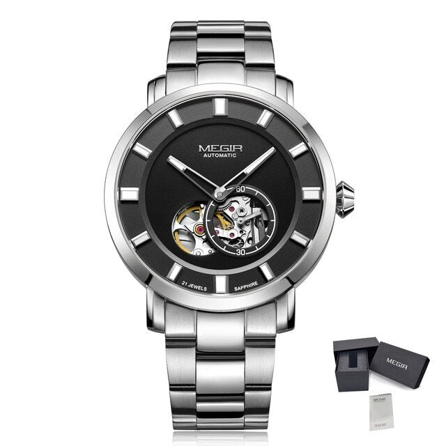 MEGIR Men Watch Hollow Out Automatic Mechanical Stainless Steel Wristwatch Waterproof Luxury Business Wrist Watch Montre Homme