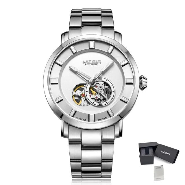 MEGIR Men Watch Hollow Out Automatic Mechanical Stainless Steel Wristwatch Waterproof Luxury Business Wrist Watch Montre Homme
