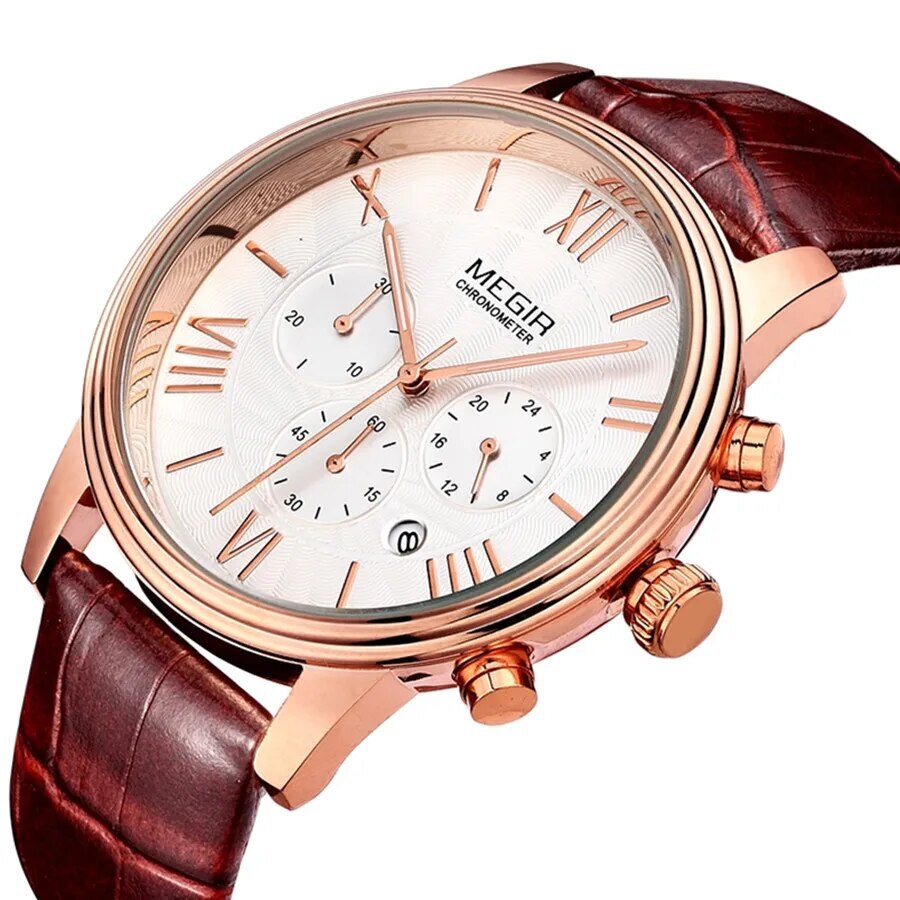 MEGIR Brown Retro Sports Quartz Men's Watches Large Dial Chronograph Clock Fashion Multifunctional Men Wrist Watch Montre Homme-1