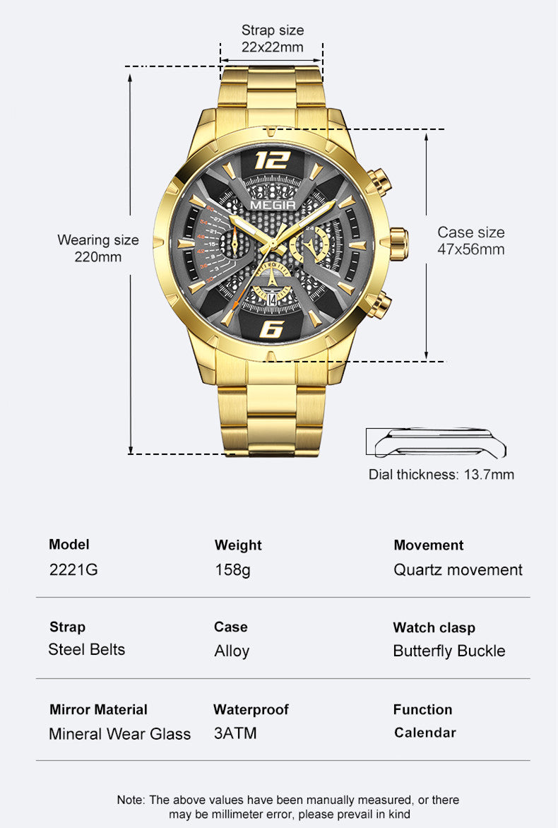 MEGIR Stainless Steel Watch for Men Luxury Business Watch Casual Quartz Date Clock Chronograph Big Dial Wristwatch Reloj Hombre