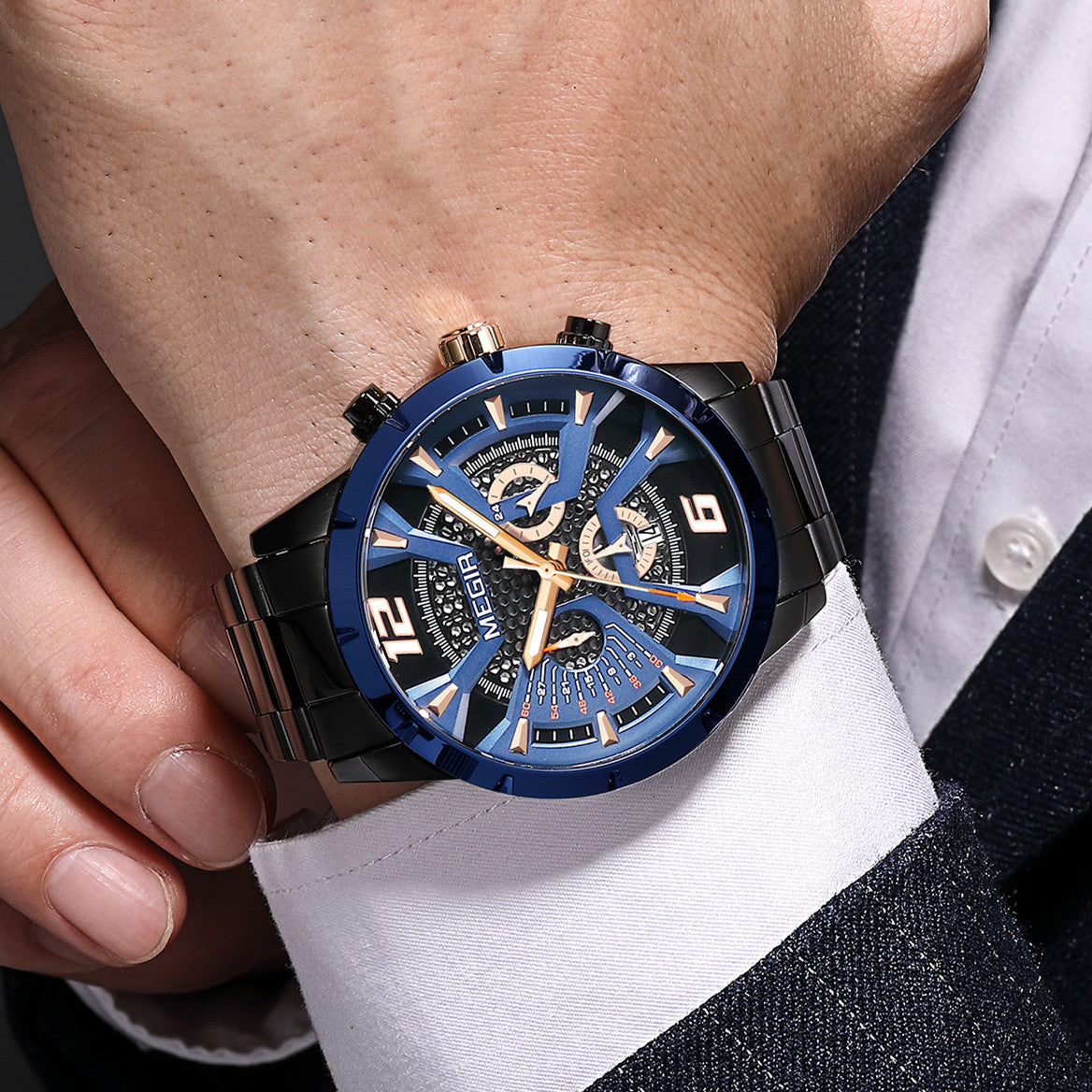 MEGIR Stainless Steel Watch for Men Luxury Business Watch Casual Quartz Date Clock Chronograph Big Dial Wristwatch Reloj Hombre