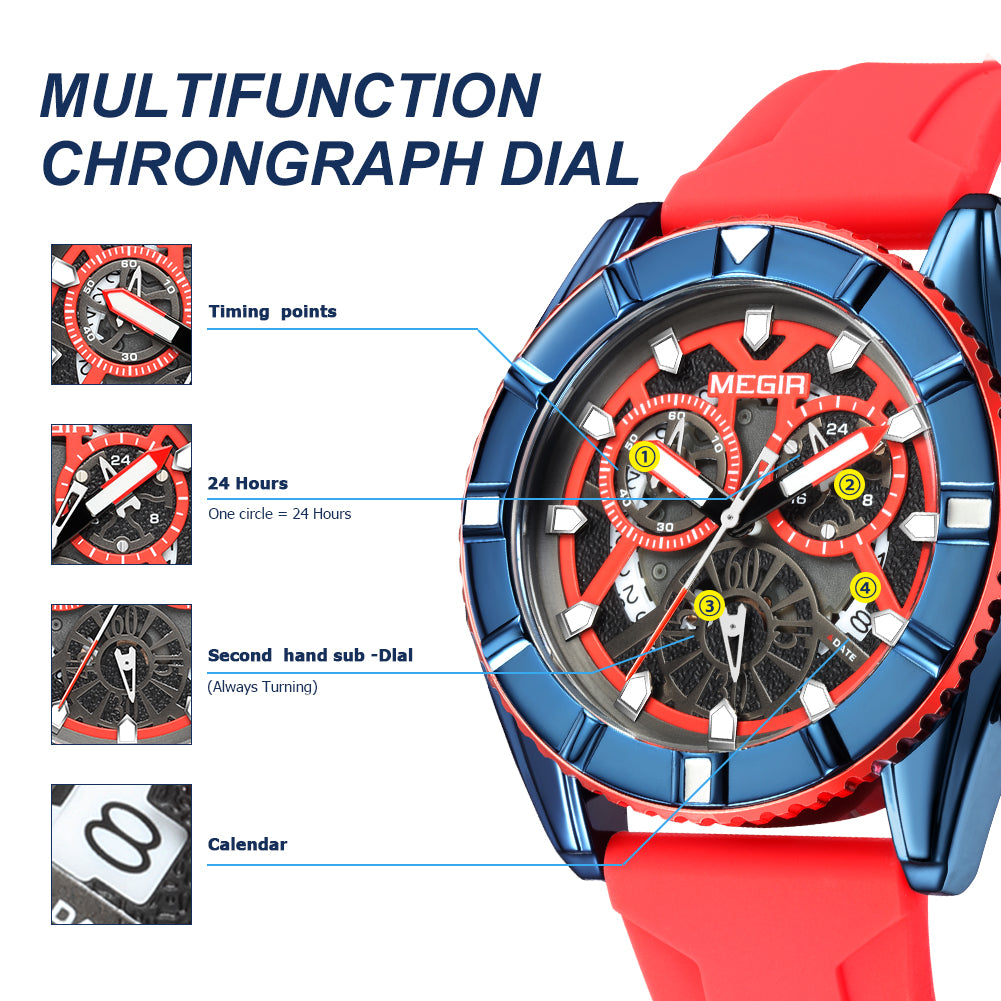 MEGIR Big Dial Watches Men Quartz Military Watch Silicone Strap Sport Watch Waterproof Clock Male Chronograph Relogio Masculino
