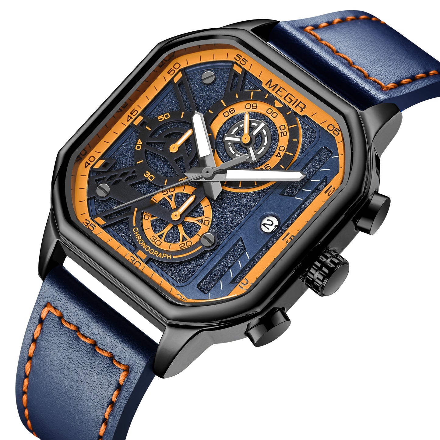 MEGIR Fashion Men's Squre Sport Watch Quartz Chronograph Luminous Military WristWatches Leather Luminous Date Clock Reloj Hombre