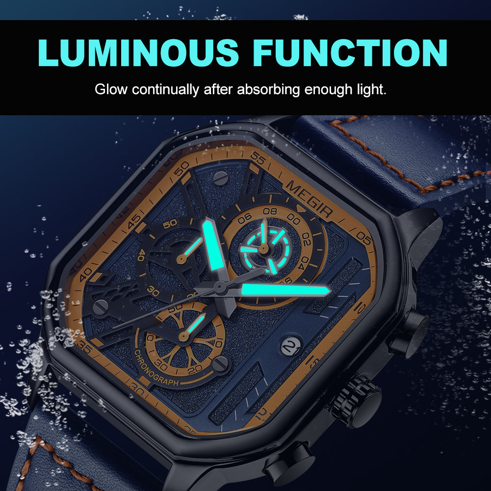 MEGIR Fashion Men's Squre Sport Watch Quartz Chronograph Luminous Military WristWatches Leather Luminous Date Clock Reloj Hombre