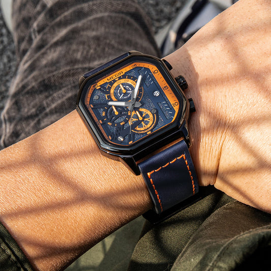 MEGIR Fashion Men's Squre Sport Watch Quartz Chronograph Luminous Military WristWatches Leather Luminous Date Clock Reloj Hombre