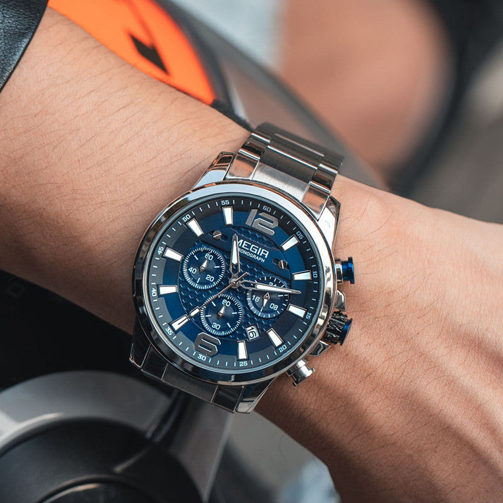 MEGIR Men's Quartz Wrist Watch Stainless Steel Band Chronograph Watches Luminous Waterproof Wristwatch Man Clock Military Watch