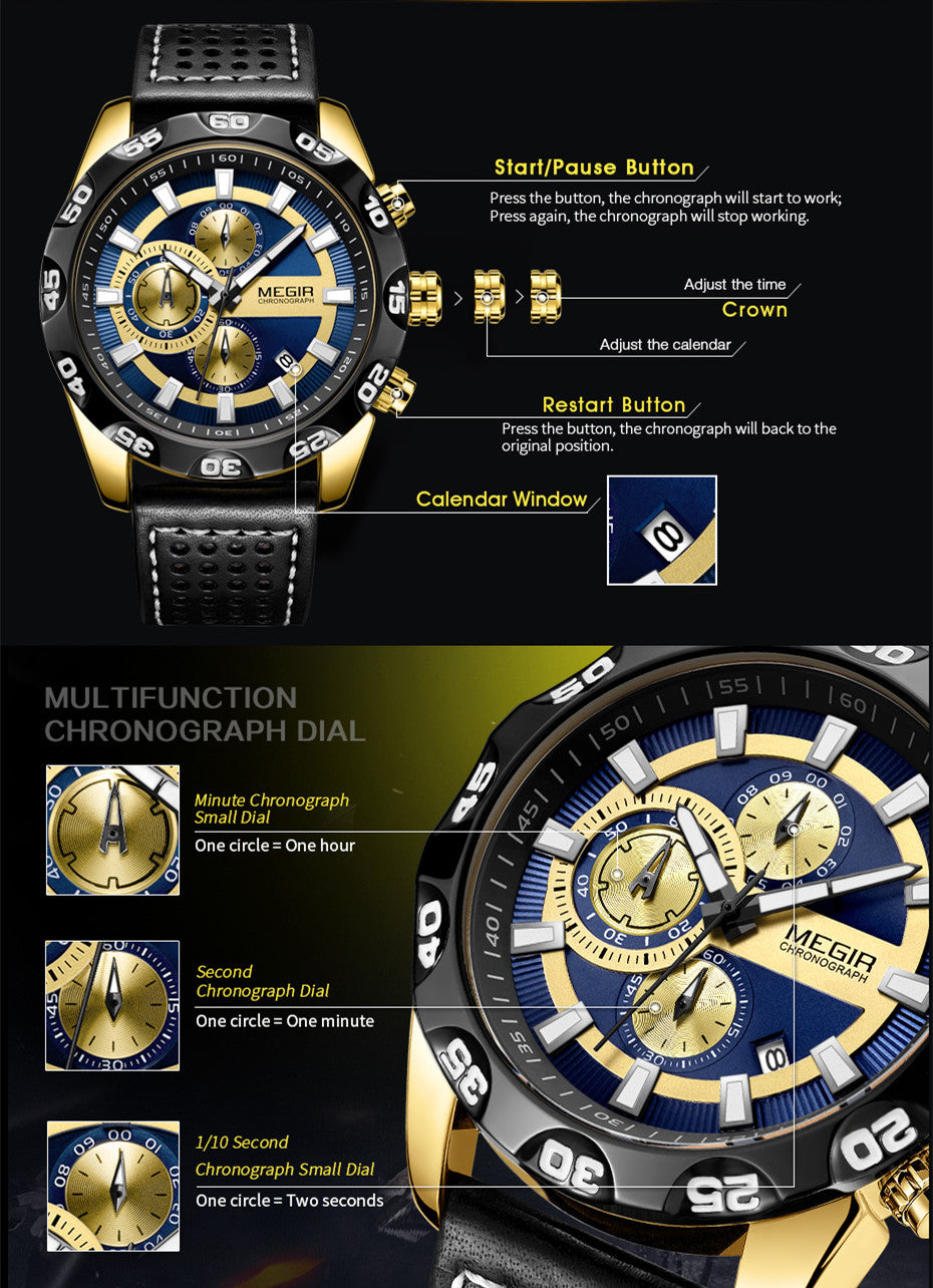 MEGIR Watches Mens Luxury Sports Military Watch Waterproof Luminous Quartz Wrist Watch Leather Casual Man Chronograph Clock