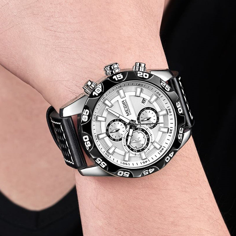 MEGIR Watches Mens Luxury Sports Military Watch Waterproof Luminous Quartz Wrist Watch Leather Casual Man Chronograph Clock