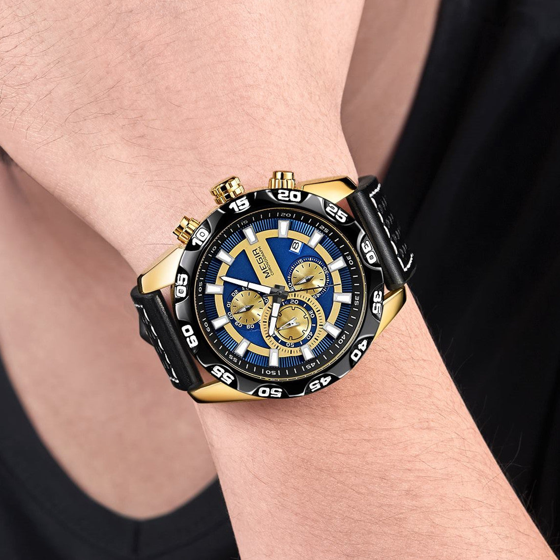 MEGIR Watches Mens Luxury Sports Military Watch Waterproof Luminous Quartz Wrist Watch Leather Casual Man Chronograph Clock