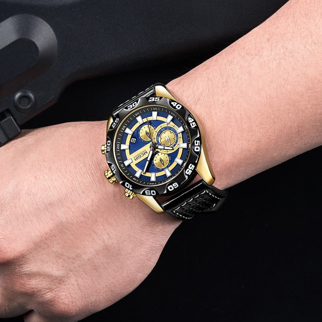 MEGIR Watches Mens Luxury Sports Military Watch Waterproof Luminous Quartz Wrist Watch Leather Casual Man Chronograph Clock