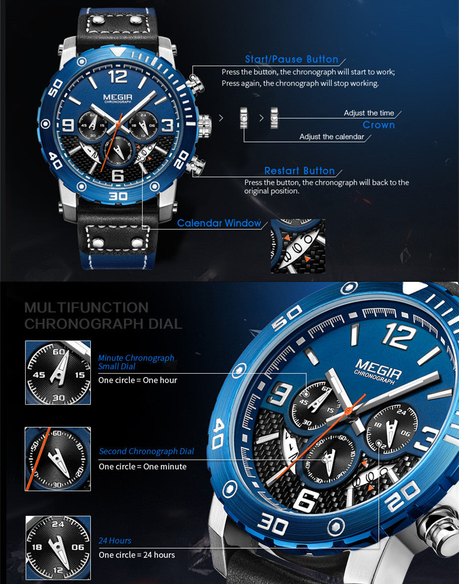 MEGIR Men's Casual Watch Top Brand Luxury Business Wrist Watch Leather Luminous Sports Military Watches Chronograph Male Clock