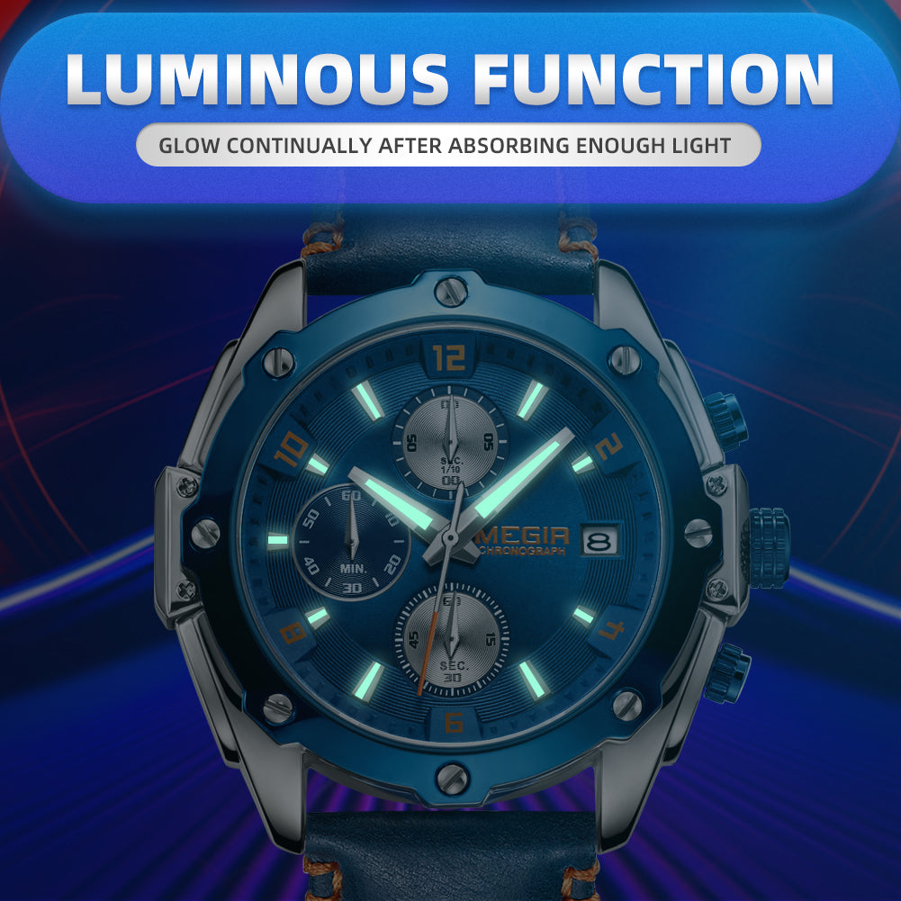 MEGIR Chronograph Men Watch Relogio Masculino Leather Strap Business Quartz Watch Clock Waterproof Date Army Military Wristwatch