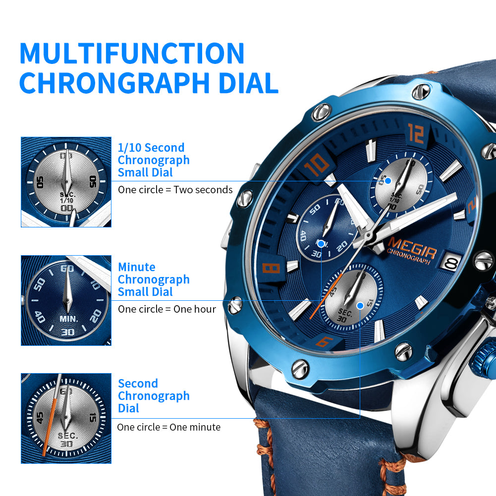 MEGIR Chronograph Men Watch Relogio Masculino Leather Strap Business Quartz Watch Clock Waterproof Date Army Military Wristwatch