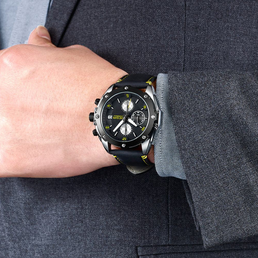 MEGIR Chronograph Men Watch Relogio Masculino Leather Strap Business Quartz Watch Clock Waterproof Date Army Military Wristwatch