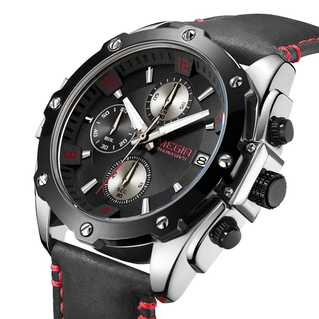 MEGIR Chronograph Men Watch Relogio Masculino Leather Strap Business Quartz Watch Clock Waterproof Date Army Military Wristwatch