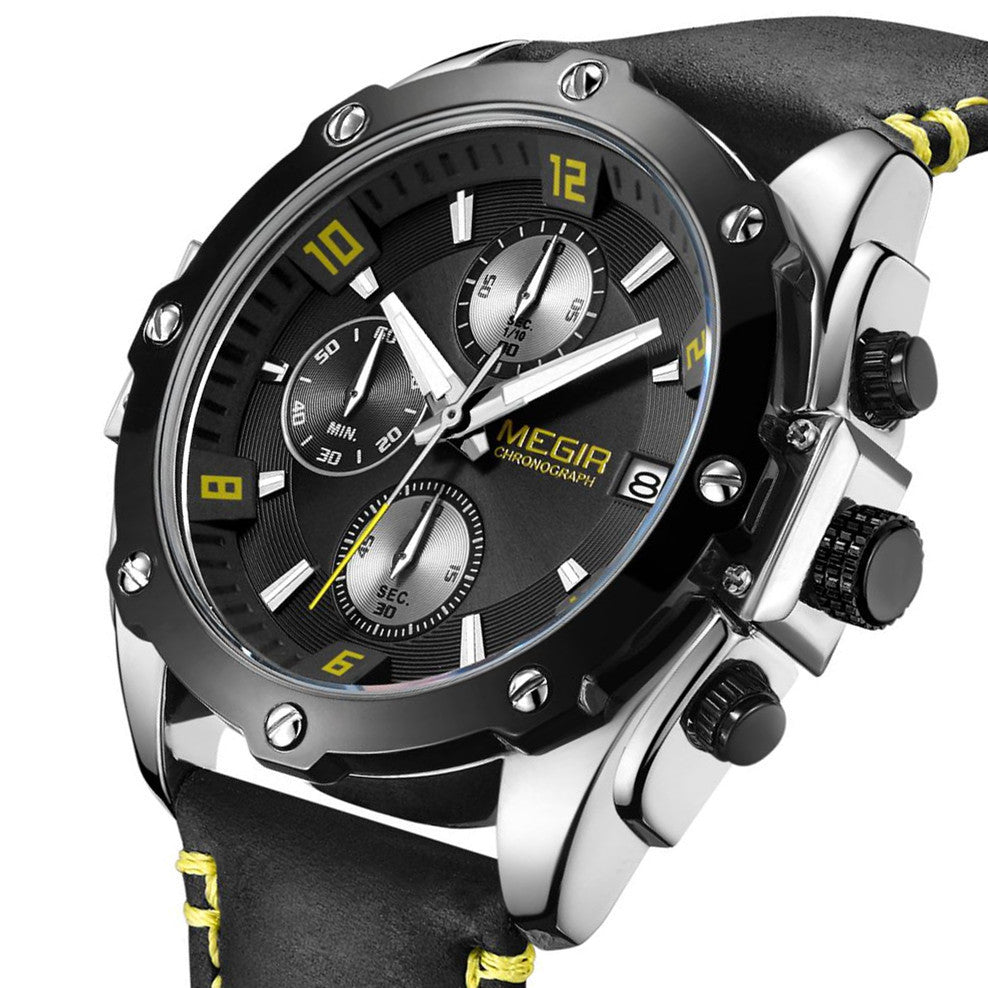 MEGIR Chronograph Men Watch Relogio Masculino Leather Strap Business Quartz Watch Clock Waterproof Date Army Military Wristwatch
