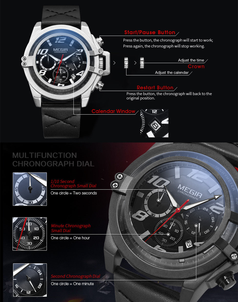MEGIR Fashion Mens Watch Top Brand Luxury Sports Watches Waterproof Quartz Clock Leather Military Wrist Watch Relogio Masculino
