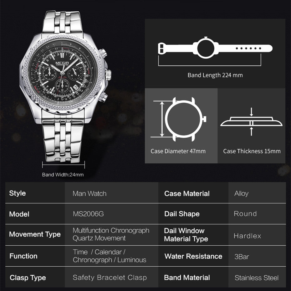 MEGIR Fashion Business Men's Watch Stainless Steel Quartz Wristwatch Calendar Big Dial Man Military Sports Chronograph Clock-7