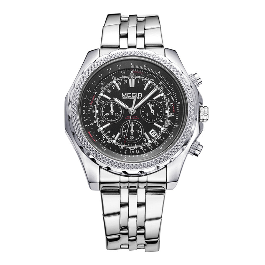 MEGIR Fashion Business Men's Watch Stainless Steel Quartz Wristwatch Calendar Big Dial Man Military Sports Chronograph Clock-3