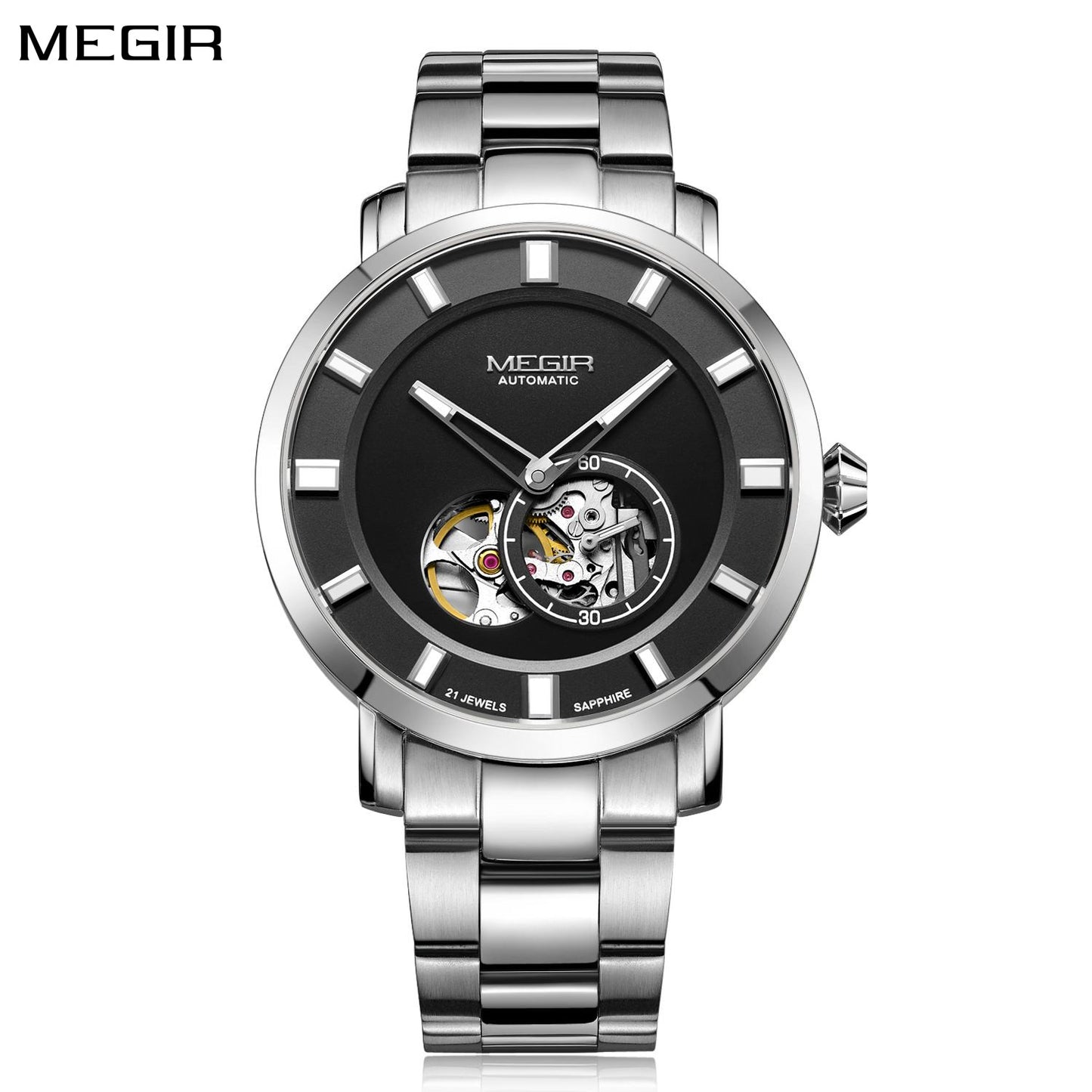 MEGIR Men Watch Hollow Out Automatic Mechanical Stainless Steel Wristwatch Waterproof Luxury Business Wrist Watch Montre Homme