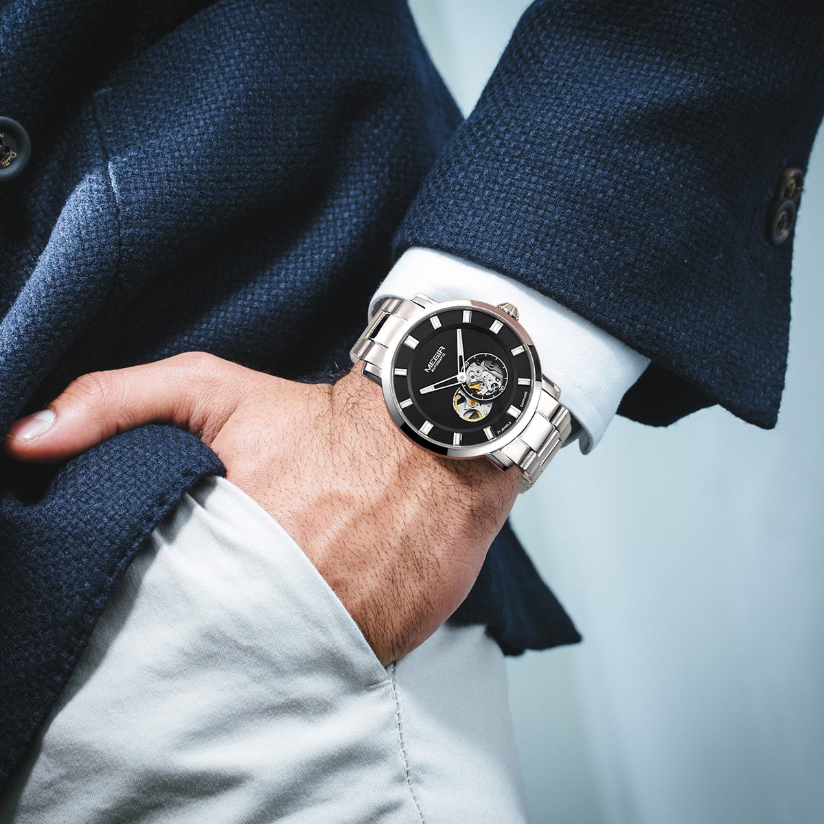 MEGIR Men Watch Hollow Out Automatic Mechanical Stainless Steel Wristwatch Waterproof Luxury Business Wrist Watch Montre Homme