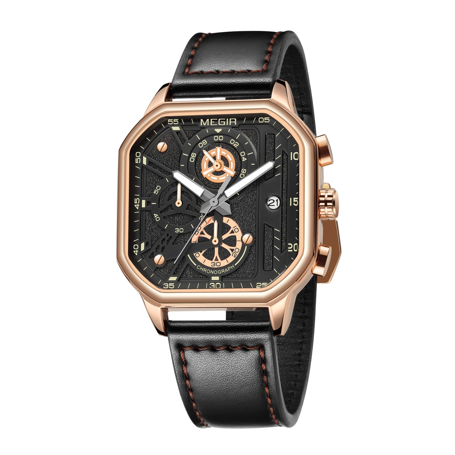 MEGIR Fashion Men's Squre Sport Watch Quartz Chronograph Luminous Military WristWatches Leather Luminous Date Clock Reloj Hombre