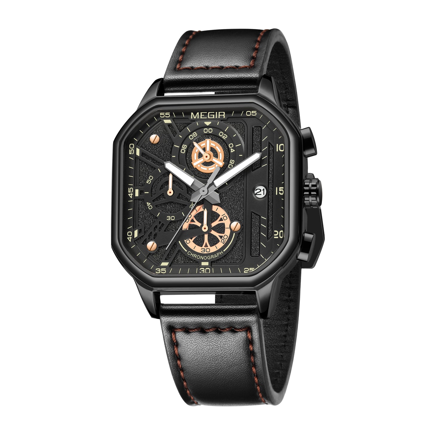 MEGIR Fashion Men's Squre Sport Watch Quartz Chronograph Luminous Military WristWatches Leather Luminous Date Clock Reloj Hombre
