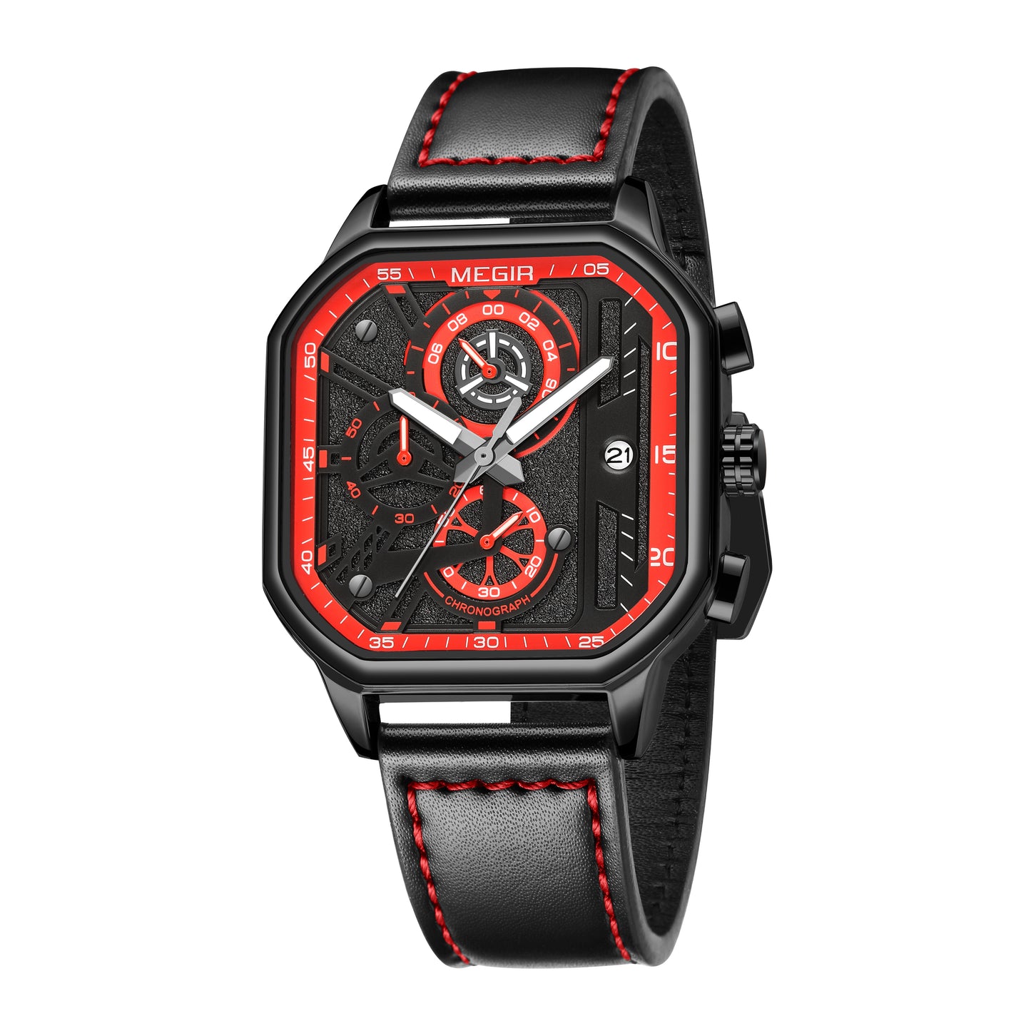 MEGIR Fashion Men's Squre Sport Watch Quartz Chronograph Luminous Military WristWatches Leather Luminous Date Clock Reloj Hombre