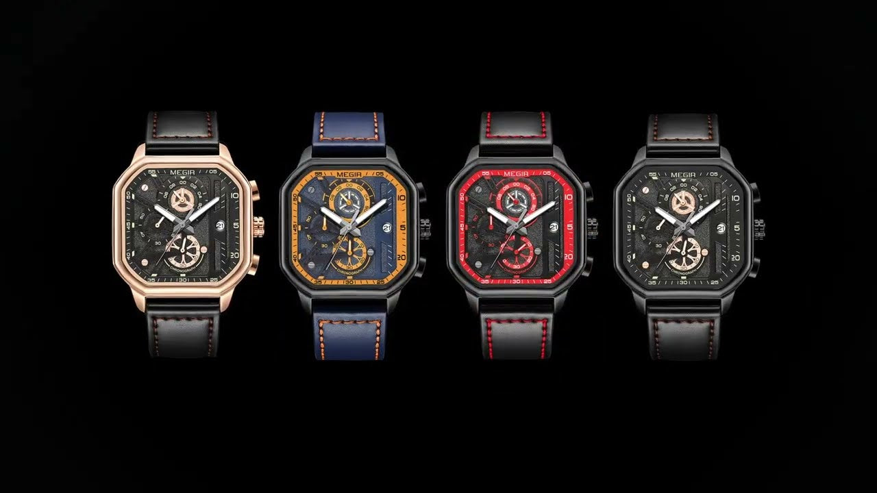 MEGIR Fashion Men's Squre Sport Watch Quartz Chronograph Luminous Military WristWatches Leather Luminous Date Clock Reloj Hombre