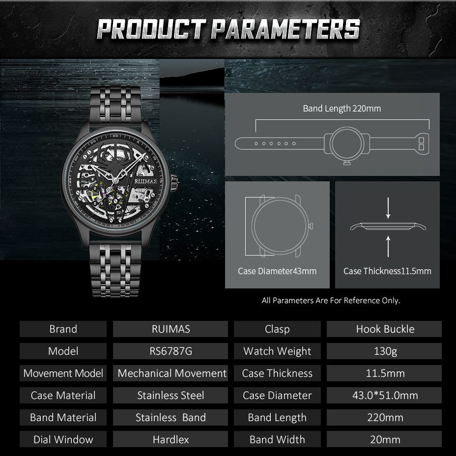 RUIMAS Watches for Men Top Brand Luxury Mechanical Chronograph Clock Stainless Steel Casual Wrist Watch Man Business Watch 6787