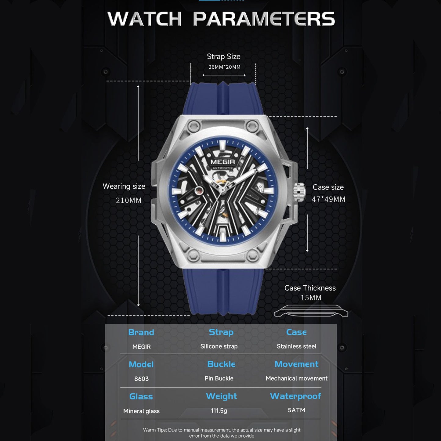 MEGIR Fashion Fully Automatic Mechanical Men's Watch Stainless Steel Case Sports Military Wristwatch Waterproof Watches Clock