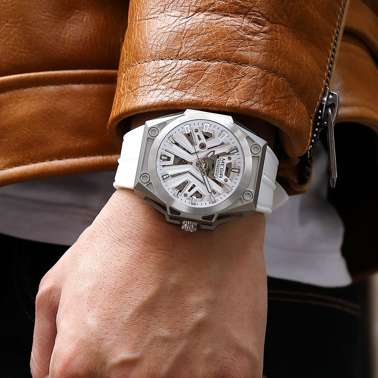 MEGIR Fashion Fully Automatic Mechanical Men's Watch Stainless Steel Case Sports Military Wristwatch Waterproof Watches Clock