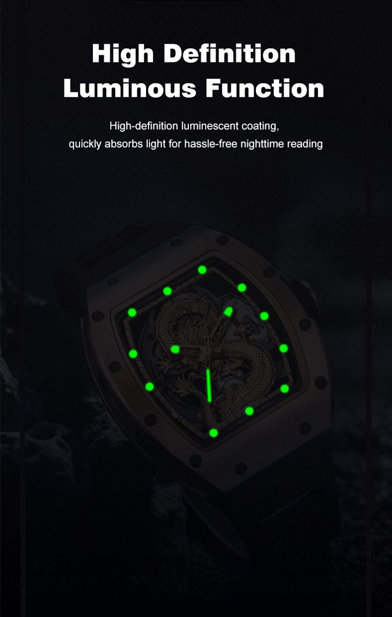 New Automatic Mechanical Skeleton Men Watch Luxury Stainless Steel Case Tonneau Dial Wristwatch Waterproof Sport Watches 9190-15-7