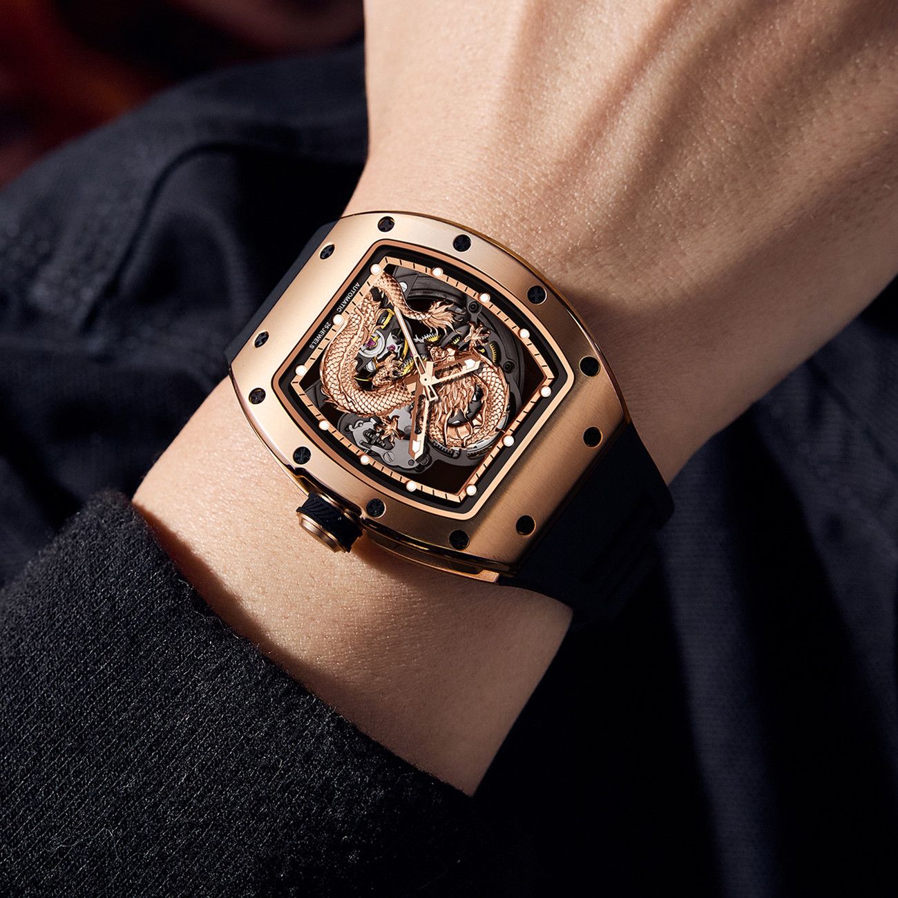 New Automatic Mechanical Skeleton Men Watch Luxury Stainless Steel Case Tonneau Dial Wristwatch Waterproof Sport Watches 9190-15-1