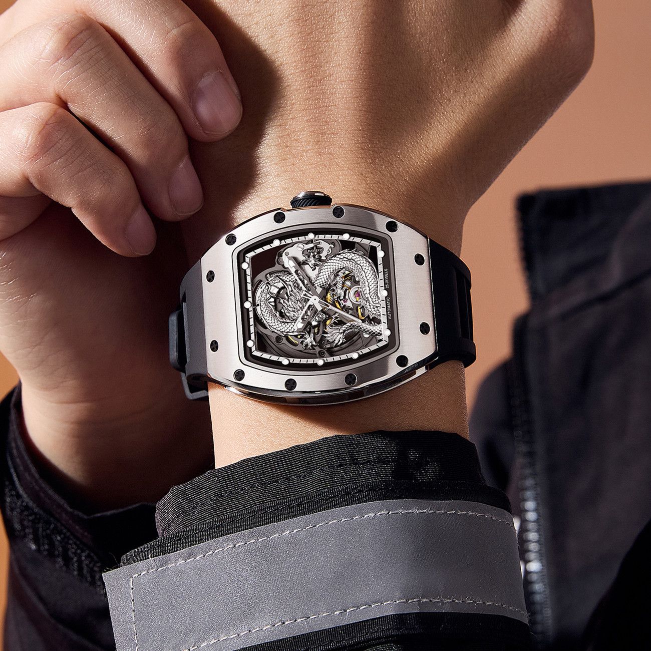 New Automatic Mechanical Skeleton Men Watch Luxury Stainless Steel Case Tonneau Dial Wristwatch Waterproof Sport Watches 9190-15-4