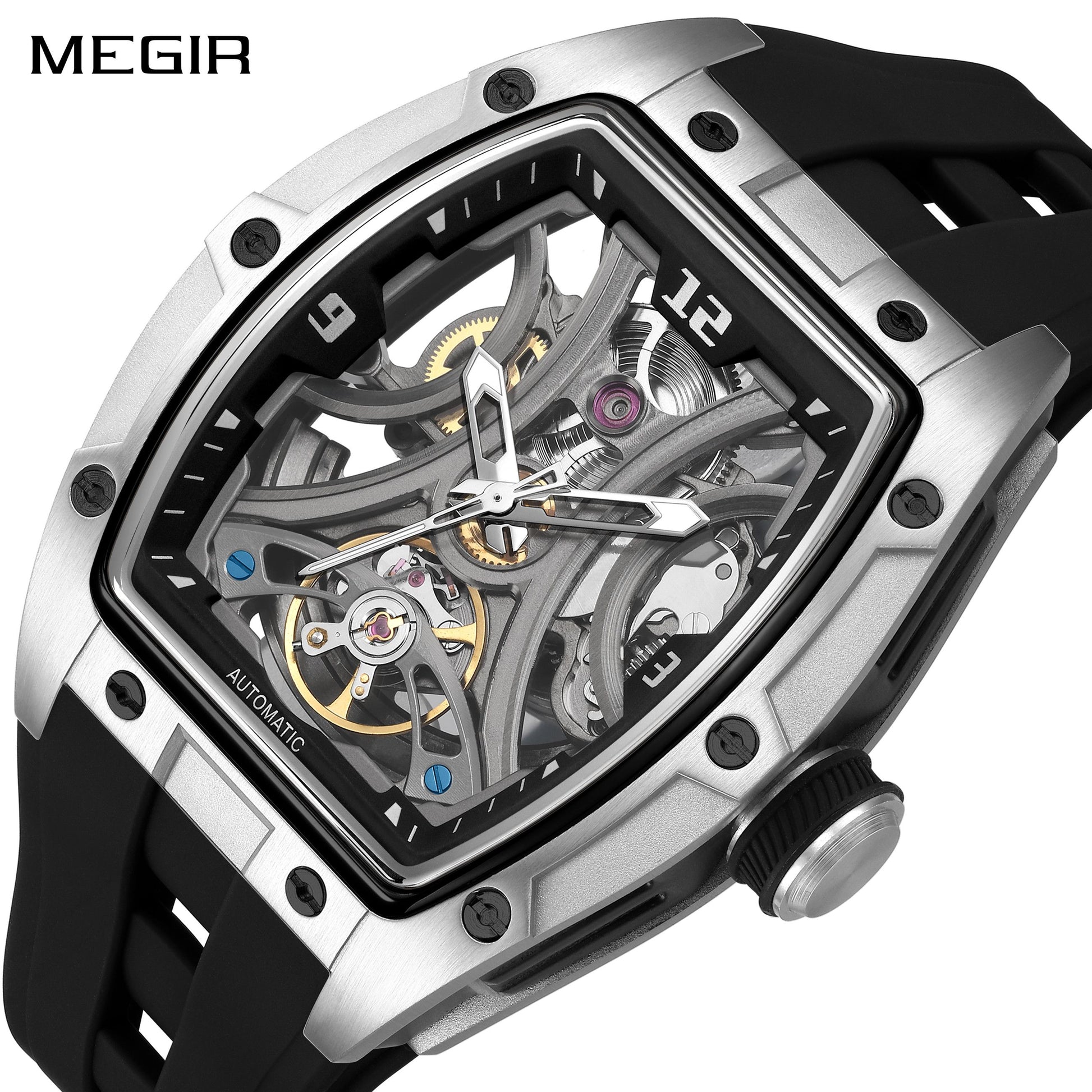 MEGIR Skeleton Dial Men Watches Luxury Automatic Mechanical Sport Watch Stainless Steel Case Man Wristwatch Clock Reloj Hombre 2245-0