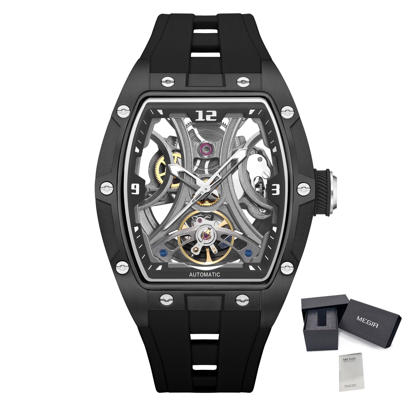 MEGIR Skeleton Dial Men Watches Luxury Automatic Mechanical Sport Watch Stainless Steel Case Man Wristwatch Clock Reloj Hombre 2245-15