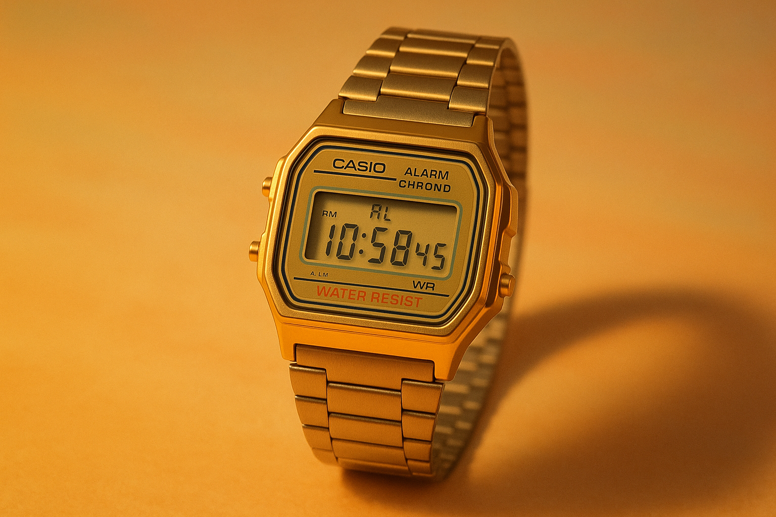 An aesthetic image of a Casio watch with a retro aesthetic.
